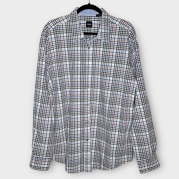 HUGO BOSS blue & purple plaid check gingham cotton button down shirt size 2XL - Picture 2 of 7